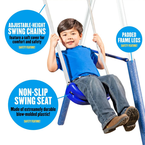 Child using Backyard Swing Set With Seven Seats And Five Stations, Easy Assembly Galvanized Steel Frame, displaying non-slip seat.