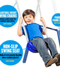 Child swinging on swing with adjustable chains and padded frame, from Five-User Four-Station Swing Set With 5 Foot Wave Slide.