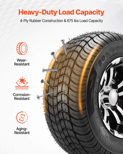 Four 205/50-10 Golf Cart Wheels And Tires Set With 10 Inch Aluminum Alloy Rims showing wear-resistant beefy 4 ply rubber