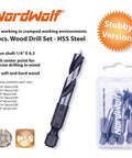 Stubby HSS Brad Point Drill Bit Set With One Quarter Inch Hex Shank For Carpenter Woodworking Seven Piece Pro Grade Bits SAE Sizes From One Sixteenth To Three Eighths Inch, with individual bits and storage case visible.