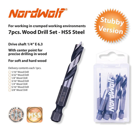 Stubby HSS Brad Point Drill Bit Set With One Quarter Inch Hex Shank For Carpenter Woodworking Seven Piece Pro Grade Bits SAE Sizes From One Sixteenth To Three Eighths Inch, with individual bits and storage case visible.