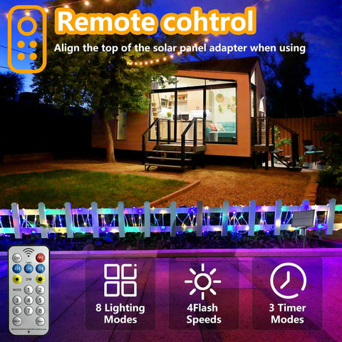 Outdoor Solar Powered Rope Lights 132 Ft Twin Pack 400 LED Lit Color Changing Fairy Lights Waterproof IP65 With Remote for Christmas Garden Pool Trampoline Lawn Decor illuminated along a garden fence.