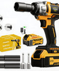 Heavy Duty 21V Cordless Impact Wrench Featuring Badass Rock Solid Torque And Buttery Smooth Ergonomic Grip For Quick Garage Repairs Including Premium Lithium Ion Battery And Full Professional Accessory Kit For Hardcore DIY Projects with accessories and charging unit.