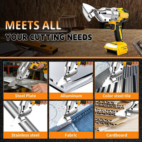 Tough As Nails Brushless Cordless Metal Shears Built For Dewalt 20v Max cutting steel plate, aluminum, stainless steel, fabric, and cardboard.