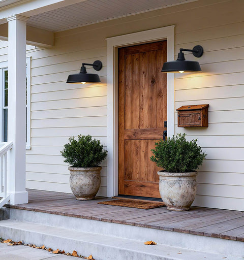 Heavy Duty 18 Inch Outdoor Barn Gooseneck Light With Vintage Farmhouse Style Wall Mounted Exterior Fixture For Homes Porches And Garages Weatherproof Iron Construction Classic Rustic Porch Lantern For Outdoor Living. Installed on porch.