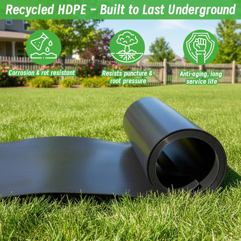 Root Barrier 12In By 15Ft By 60Mil For Trees, Recycled HDPE roll on grass for root control