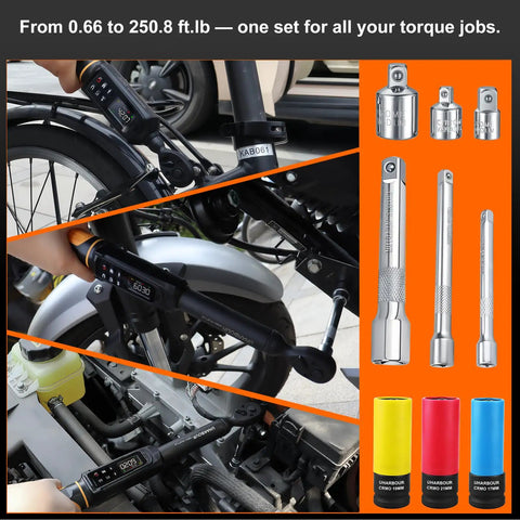 Digital Torque Wrench Set With Dual Direction Ratchets Three Eighths Inch Drive And One Half Inch Drive in use with accessories
