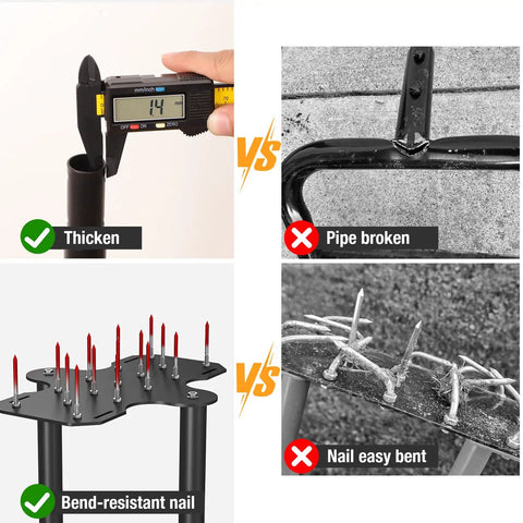 Comparison showing durable Step Through Lawn Aerator Tool With Full Foot Pedal and inferior products' broken parts.
