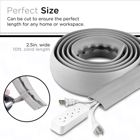 Rolled 10ft gray floor cord cover with power strip, showing cutting detail, labeled as 2.5in wide