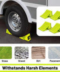 No Hassle 4 Pack Wheel Chocks For Travel Trailers And Campers Dual Wheel Stopper Set With Non Slip Base installed on RV