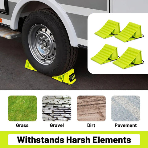 No Hassle 4 Pack Wheel Chocks For Travel Trailers And Campers Dual Wheel Stopper Set With Non Slip Base installed on RV