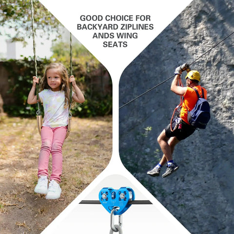 Beefy Built Tough Zip Line Pulley Tandem Speed Double Pulley 30KN 6700LBS Breaking Strength for backyard zipline and rigging