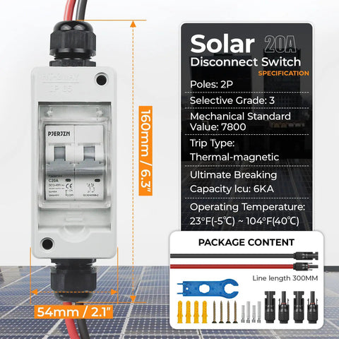 Solar Panel Disconnect Switch 400V DC And AC 20A Mini Breaker with specifications and package contents shown