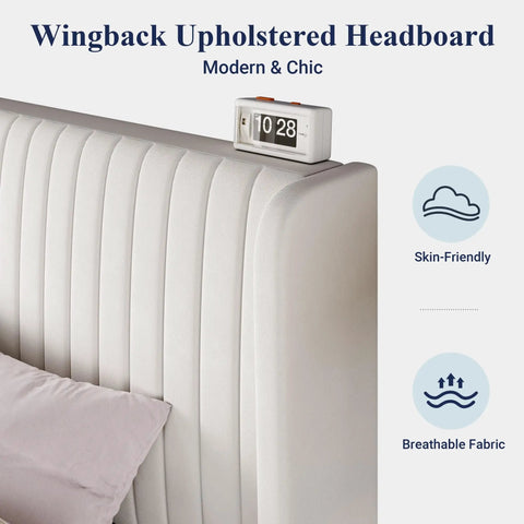 Close-up of the Wingback Upholstered Headboard of White Queen Velvet Bed Frame With Upholstered Wingback Headboard And Vertical Tufted Design.