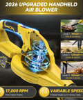 Close-up view of a yellow cordless leaf blower with two 4.0Ah batteries and charger, featuring 17,000 RPM turbo power and 3-speed settings.