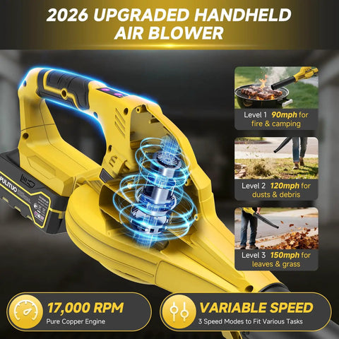 Close-up view of a yellow cordless leaf blower with two 4.0Ah batteries and charger, featuring 17,000 RPM turbo power and 3-speed settings.