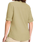 Back view of Womens Hiking Shirt Quick Dry UPF 50 Plus Long Sleeve Button Down For Camping Fishing Sailing And Outdoor Adventures Lightweight Breathable Moisture Wicking Khaki Large