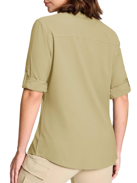 Back view of Womens Hiking Shirt Quick Dry UPF 50 Plus Long Sleeve Button Down For Camping Fishing Sailing And Outdoor Adventures Lightweight Breathable Moisture Wicking Khaki Large