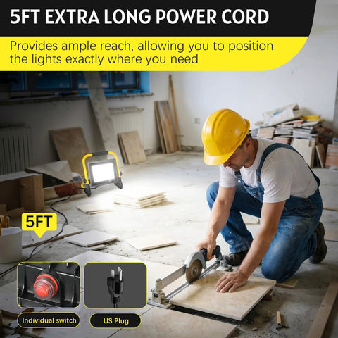 High Bright 10000LM LED Work Light Portable Flood Light With Five Foot Cord IP66 Waterproof illuminating a construction site