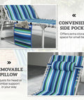Face Hole Tanning Chair With Side Table And Carry Straps, 5 Position Folding Chaise Lounge For Beach Or Pool in blue stripe, showing side pocket and removable pillow.