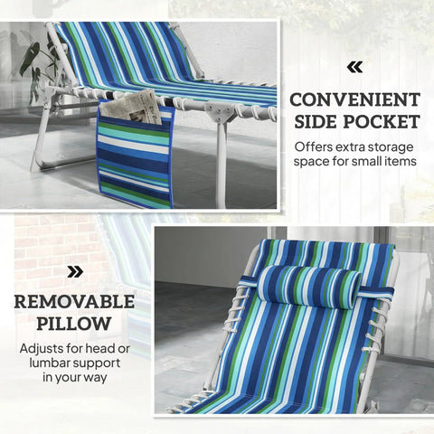 Face Hole Tanning Chair With Side Table And Carry Straps, 5 Position Folding Chaise Lounge For Beach Or Pool in blue stripe, showing side pocket and removable pillow.