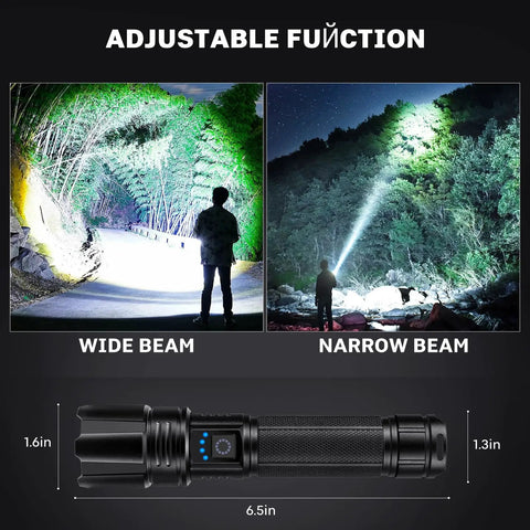 Rechargeable Flashlights 99000 Lumens Super Bright LED With 15 Hour Runtime 5 Modes IPX7 Waterproof Handheld Light For Power Outages Camping Killer Gift For Men 2 Pack showing adjustable wide and narrow beams