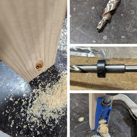 4 Piece 3 By 8 Inch Drill Bit Set With Depth Stop Collar And 2 SQ2 Screwdriver Bits, shown in various uses and close-ups.