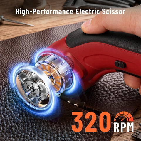 Katerk 4.4V Cordless Electric Scissors & Cardboard Cutter With 2pcs Blades cutting leather with visible motor details.