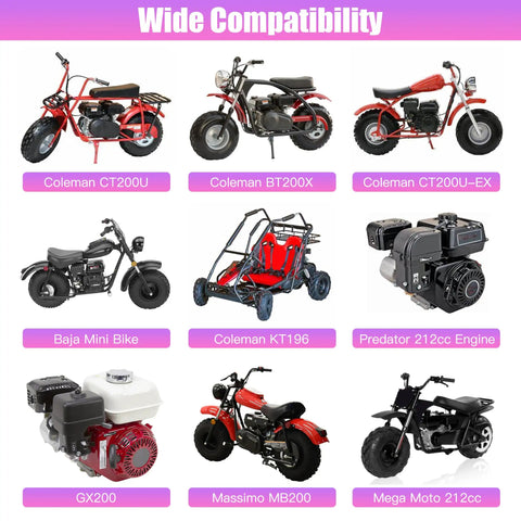 Wide compatibility chart for Intake Manifold Inlet Pipe Kit with various mini bikes and go-karts including Coleman CT200U and GX200 engines.