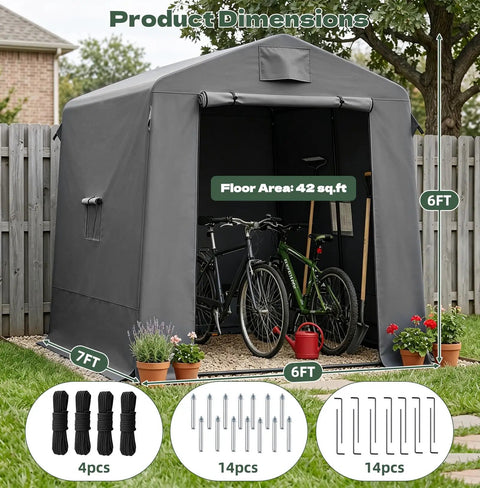 Heavy Duty 7x6x6 Ft Outdoor Storage Shed Portable Shelter With Double Zippered Doors and Bikes Inside