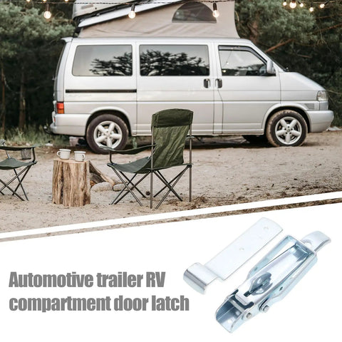Heavy Duty Trailer Gate Latch Kit With Adjustable Toggle Latch For RVs And Caravans, shown with camping scene background.