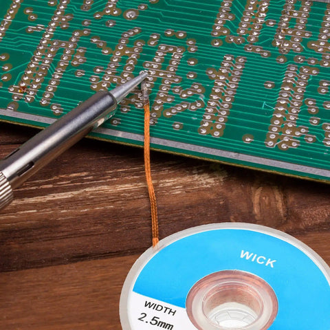 Soldering Pen And Solder Wick Kit For Electronics Repair With No Clean Pens And Braided Wick 0.1 Inch Wide By 59 Inch Long in use