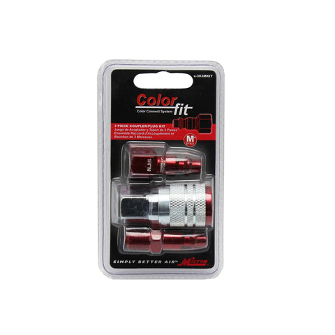 ColorFit M-Style Red 1/4 Inch NPT Coupler And Plug Kit 3-Piece Set in packaging showing components and anodized finish.