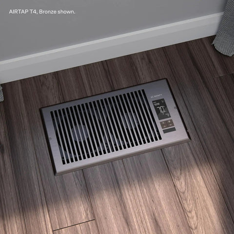 Bronze AIRTAP T4 Register Booster Fan For 4x12 Vents With Thermostat Control installed in floor vent