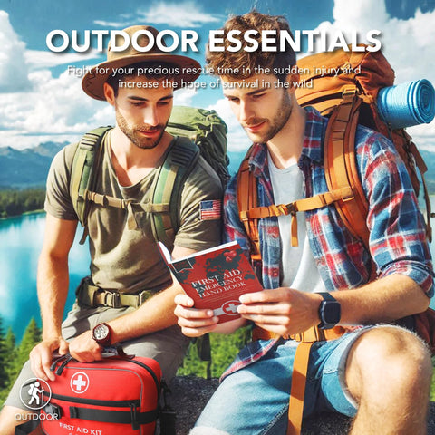 Red compact waterproof first aid kit with white cross, outdoors scene.