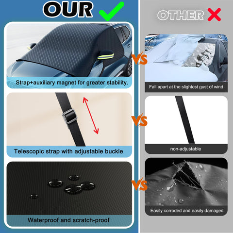 Comparison of All Season Magnetic Windshield Cover For Ice And Snow, Universal Fit For stability, strap, and water resistance