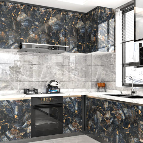 Kitchen with DIY Friendly Peel And Stick Marble Black Countertop Vinyl Waterproof Self Adhesive Backsplash And Shelf Liner