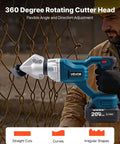 Workhorse Cordless Sheet Metal Cutter With 360 Degree Pivoting Head shown cutting wire fence
