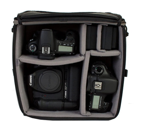 Interior view of Kashmir 30L Ultralight Camera Backpack with Removable Insert for DSLR Gear, showing organized compartments.