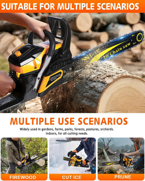 63Cc Gas Powered Chainsaw With 20 Inch Bar And 2 Chains And Bars, Heavy Duty 2-Cycle Engine Cutting Log