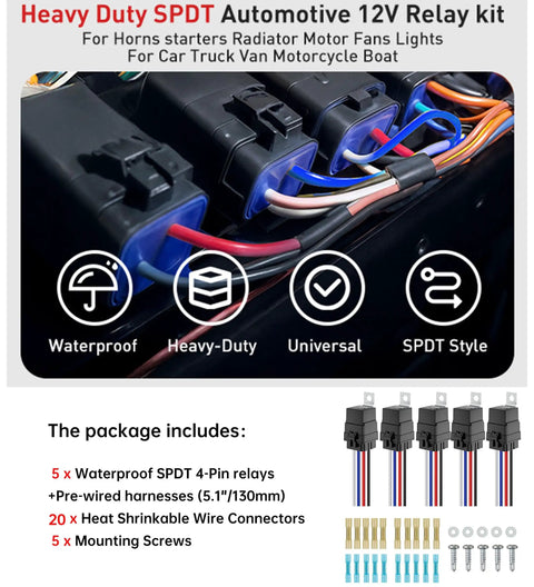 Close-up of automotive relay kit with tinned copper wires and connectors showing Five Pack Four Pin Forty And Thirty Amp 12V DC Waterproof Relays.
