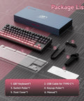Q87 Tri Mode Wireless Gaming Mechanical Keyboard Serving Bluetooth And Two Point Four Gigahertz Links Fast Hot Swap Switches With Fiery Rgb Backlighting and its package including keycap puller and USB cable.