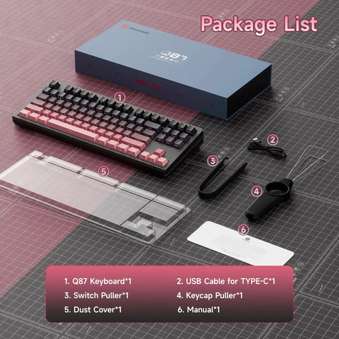 Q87 Tri Mode Wireless Gaming Mechanical Keyboard Serving Bluetooth And Two Point Four Gigahertz Links Fast Hot Swap Switches With Fiery Rgb Backlighting and its package including keycap puller and USB cable.