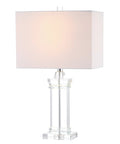 Ophelia Clear Solid Crystal LED Table Lamp With White Linen Shade, Modern Rectangular Column Design, UL Listed