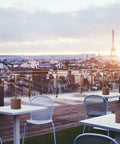 Outdoor cafe with LED Cordless Table Lamp Set Of 2, Portable Rechargeable Battery Powered Lighting, Paris skyline in background