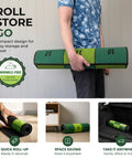 Man holding rolled Indoor Putting Green Mat With Four Cups And Target Zones For Home Practice, 9ft By 2.5ft Portable Golf Training Aid