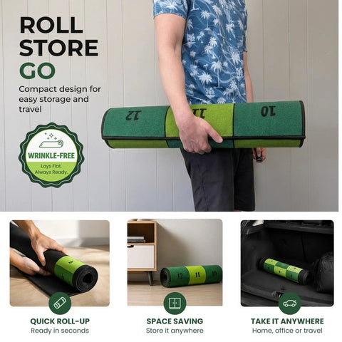 Man holding rolled Indoor Putting Green Mat With Four Cups And Target Zones For Home Practice, 9ft By 2.5ft Portable Golf Training Aid