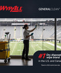 Worker using General Clean L10 Light Cleaning Cloths Wipes near stadium window with cleaning cart in view.