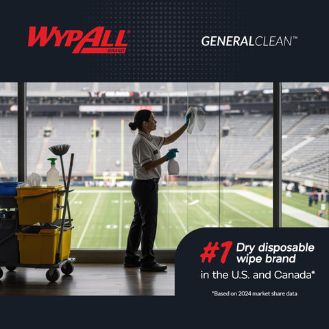 Person cleaning a large window with wipes, cleaning supplies cart in view, stadium background. L30 Heavy Duty Cleaning Cloths Wipes With Cloth Like Soft Feel And Tough On Grime Absorbency White Pop Up Box 720 Sheets Total In 6 Packs Of 120 For Bulk Home Office Cleanup And Spills.