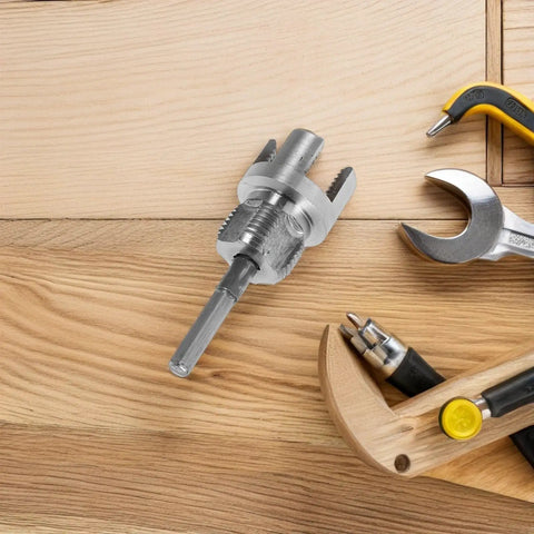 Lapyappe Heavy Duty Pipe Threader Compatible With Drill For Cutting Threads On Pvc And Plumbing Pipes Carbon Steel Build showing steel alloy cutter on wooden surface.
